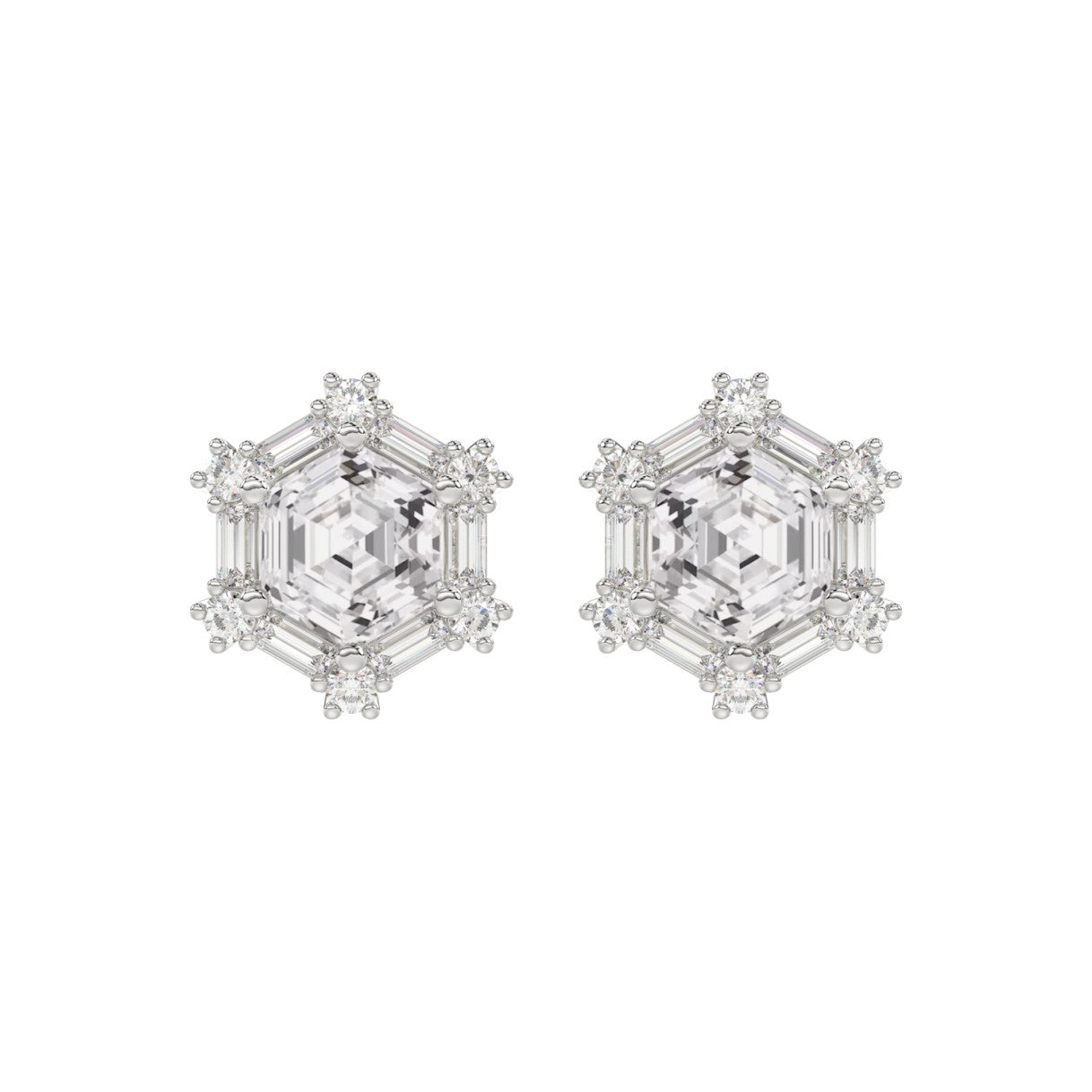 14K WHITE GOLD 1 1/4CT ROUND/BAGUETTE/HEZAGON STEP CUT DIAMOND LADIES EARRINGS