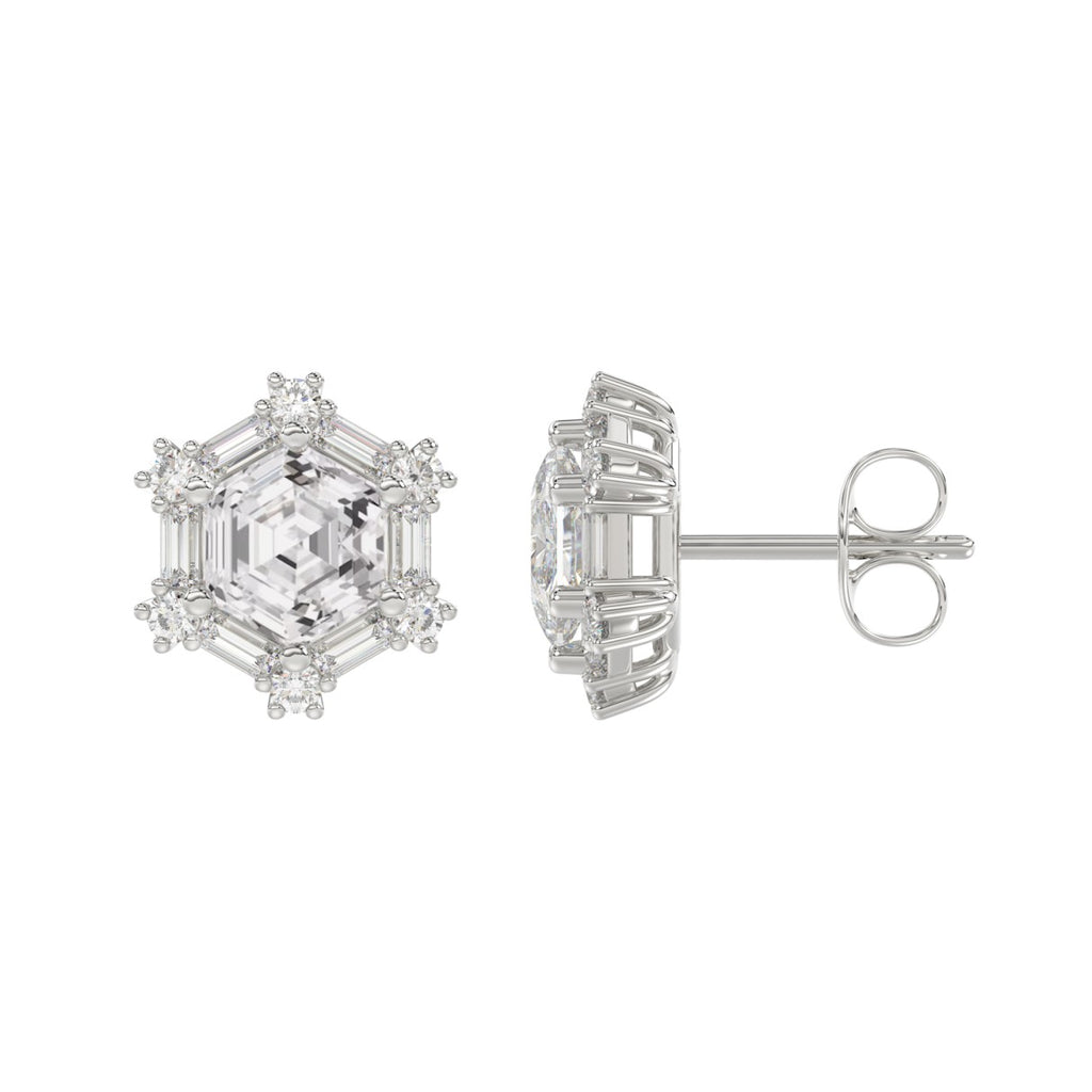 14K WHITE GOLD 1 1/4CT ROUND/BAGUETTE/HEXAGON STEP CUT DIAMOND LADIES EARRINGS
