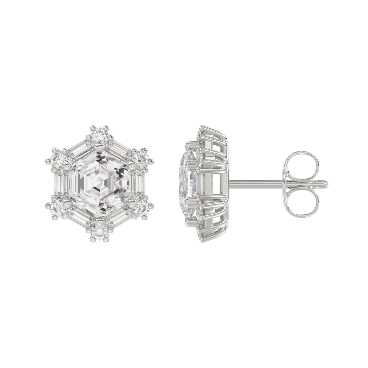 14K WHITE GOLD 1 1/4CT ROUND/BAGUETTE/HEXAGON STEP CUT DIAMOND LADIES EARRINGS