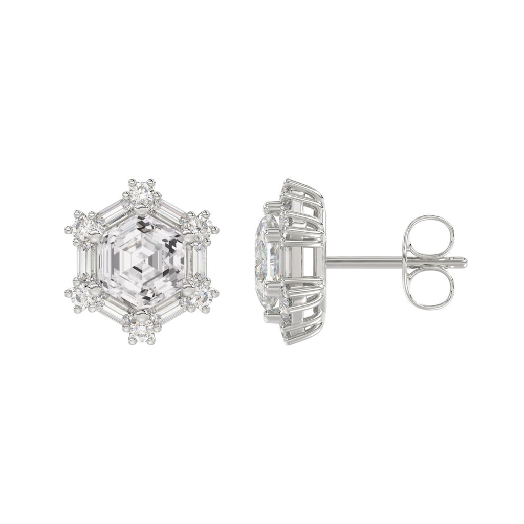 14K WHITE GOLD 1 1/4CT ROUND/BAGUETTE/HEZAGON STEP CUT DIAMOND LADIES EARRINGS