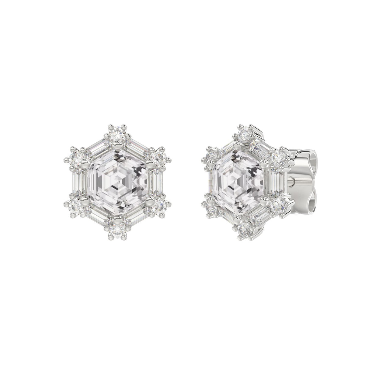 14K WHITE GOLD 1 1/4CT ROUND/BAGUETTE/HEXAGON STEP CUT DIAMOND LADIES EARRINGS