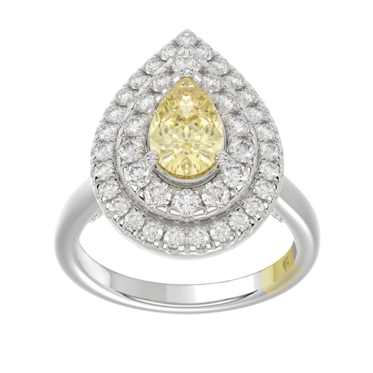 14K WHITE GOLD CRAFTED WITH 18K YELLOW GOLD SHANK  2 1/2CT ROUND/YELLOW PEAR DIAMOND LADIES RING