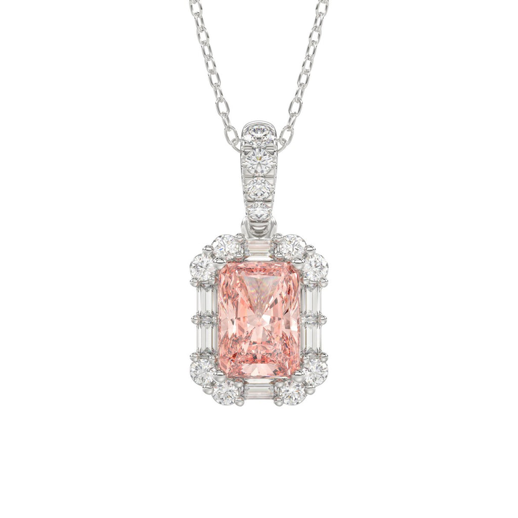 ETERNAL BLUSH COLLECTION 14K WHITE GOLD 1 1/4CT ROUND/PINK RADIANT/BAGUETTE DIAMOND LADIES PENDANT WITH CHAIN
