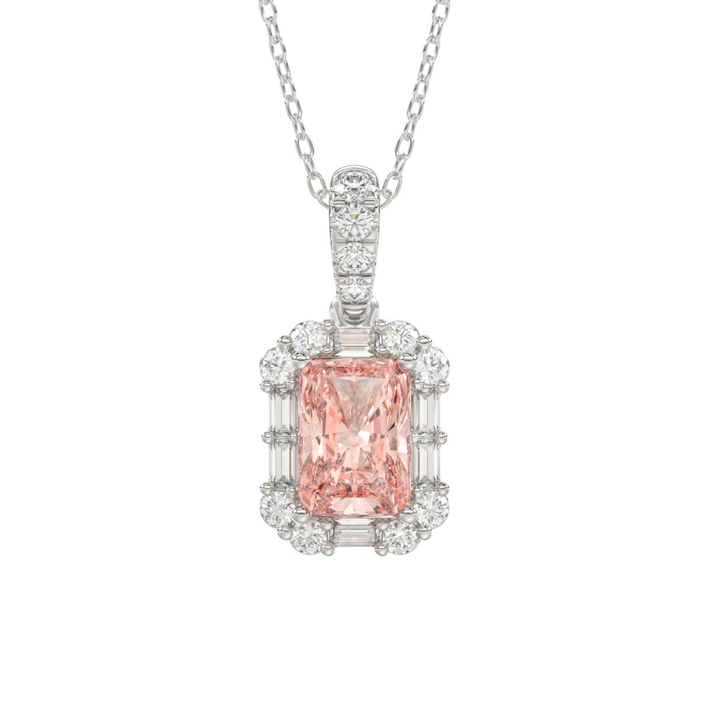 14K WHITE GOLD CRAFTED WITH 18K YELLOW GOLD BACK PLATE 1 1/4CT ROUND/BAGUETTE/PINK RADIANT DIAMOND LADIES PENDANT WITH CHAIN