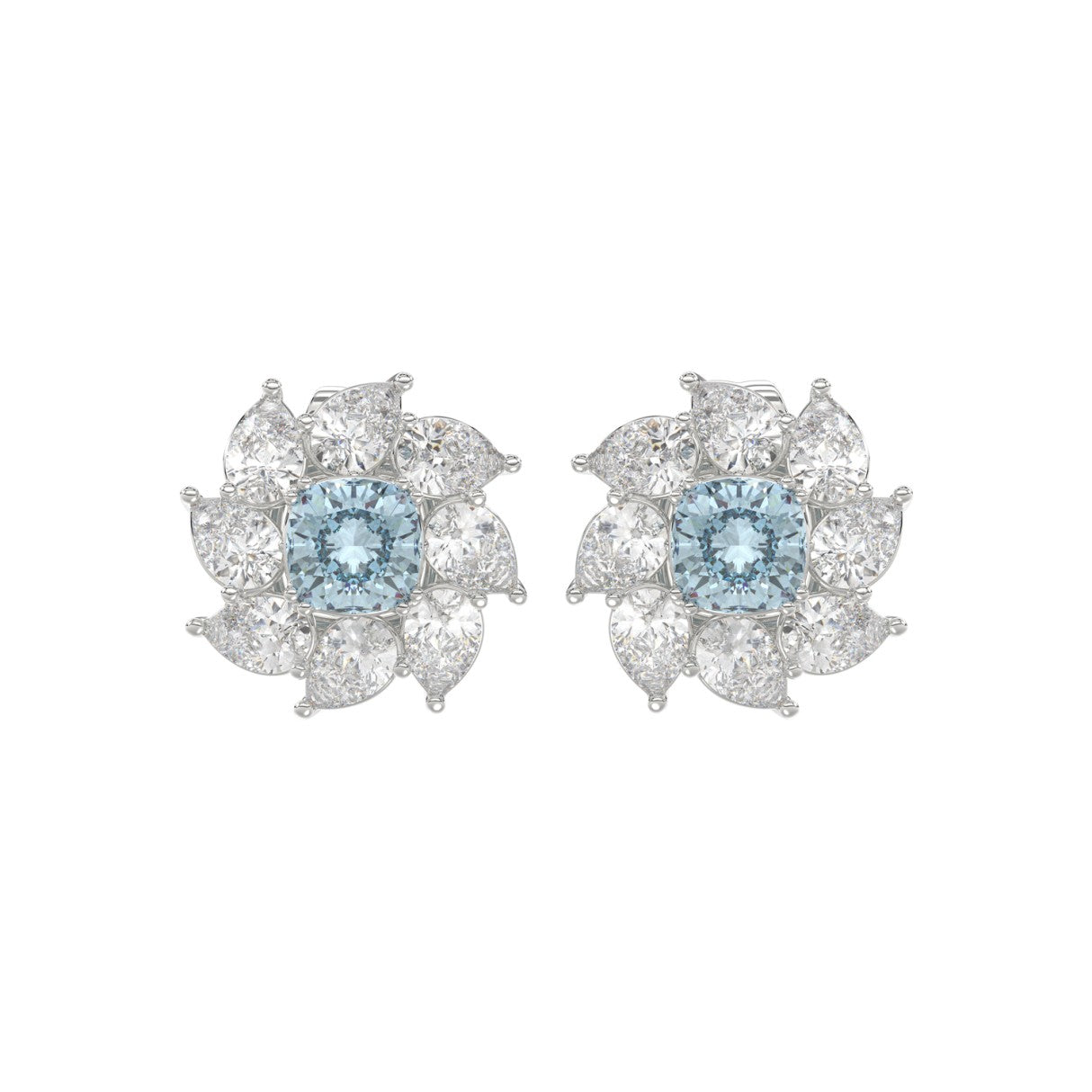 14K WHITE GOLD CRAFTED WITH 18K YELLOW GOLD BACK PLATE 2 5/8CT PEAR/BLUE CUSHION DIAMOND LADIES EARRINGS
