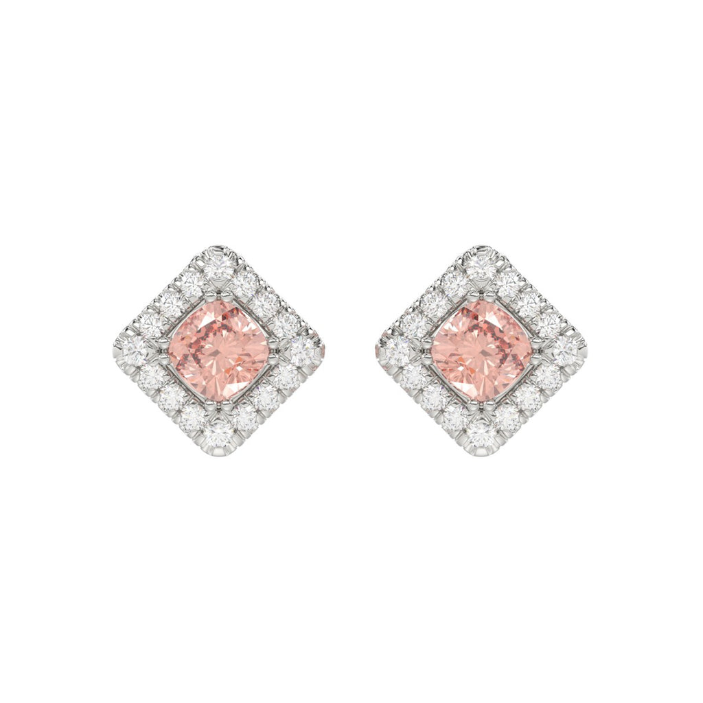 14K WHITE GOLD CRAFTED WITH 18K YELLOW GOLD BACK PLATE 1 1/4CT ROUND/PINK CUSHION DIAMOND LADIES EARRINGS