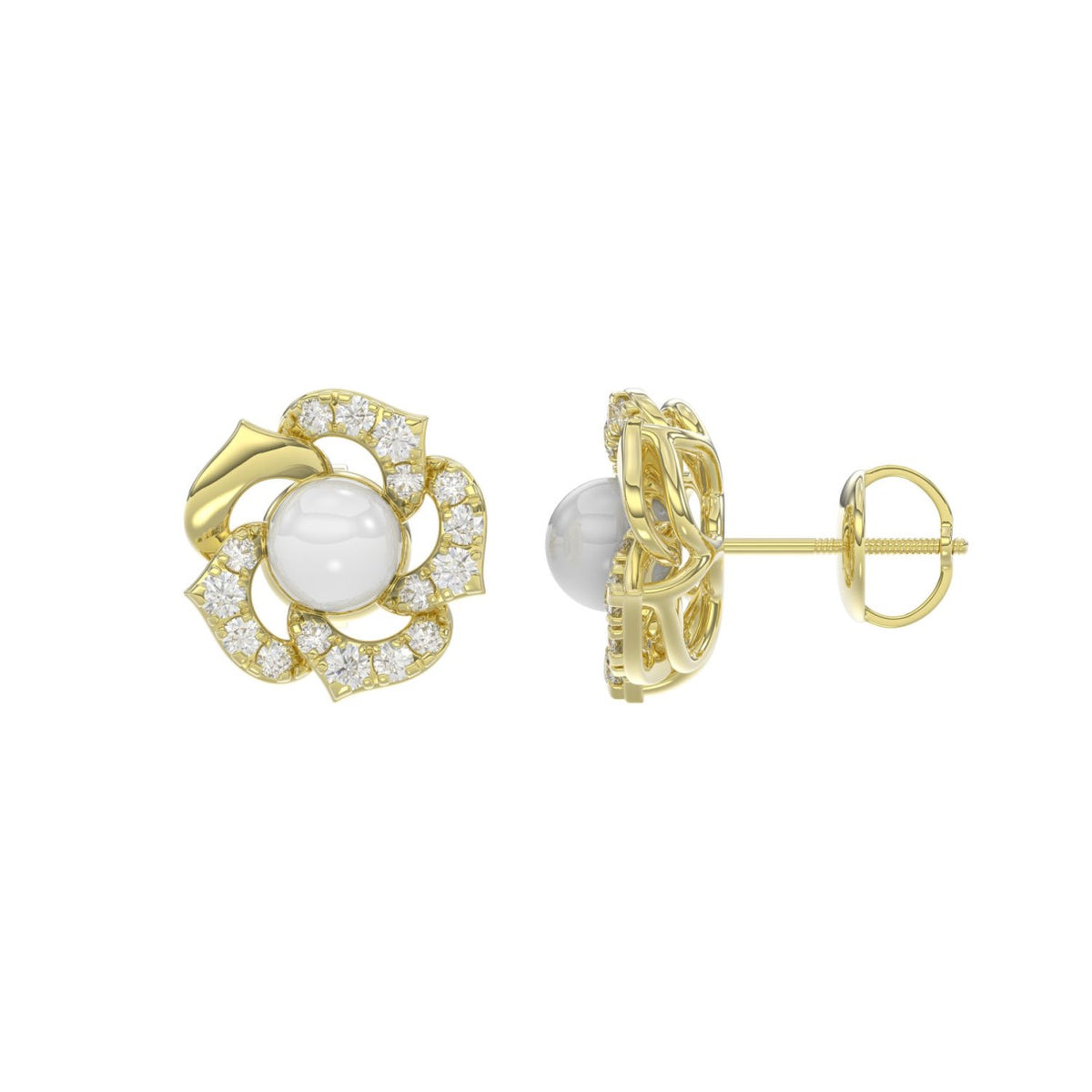 14K YELLOW GOLD 1/4CT ROUND/PEARL DIAMOND LADIES EARRINGS