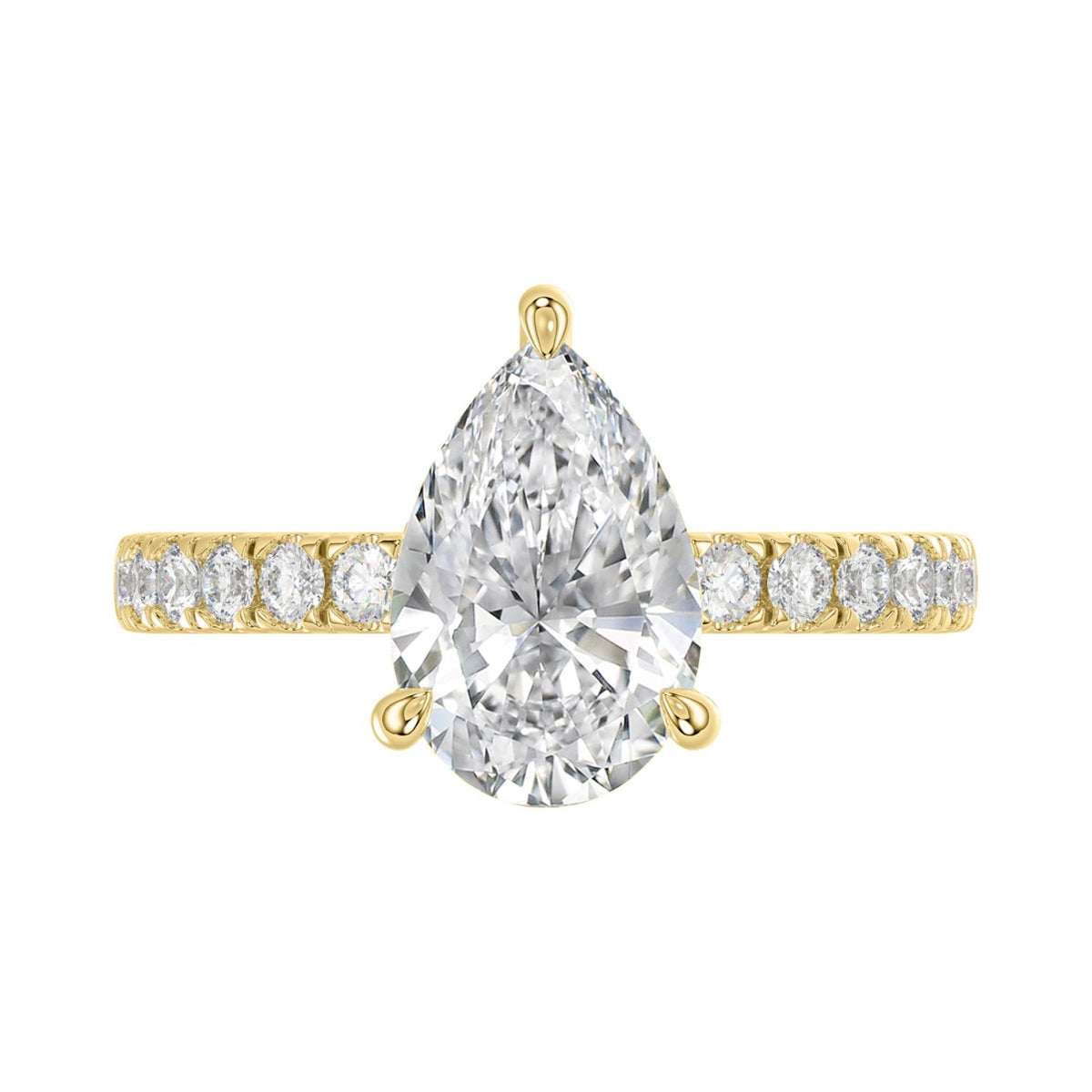 14K YELLOW GOLD 3 1/2CT ROUND/PEAR DIAMOND LADIES RING (CENTER STONE PEAR DIAMOND 3CT)