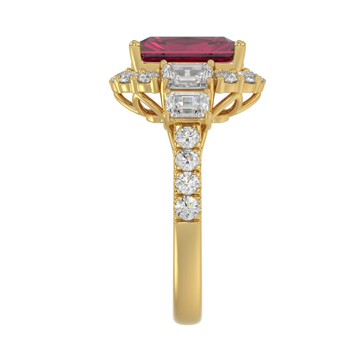 14K YELLOW GOLD 4 1/2CT ROUND/EMERALD DIAMOND LADIES RING (CENTER STONE RUBY EMERALD DIAMOND 3CT)
