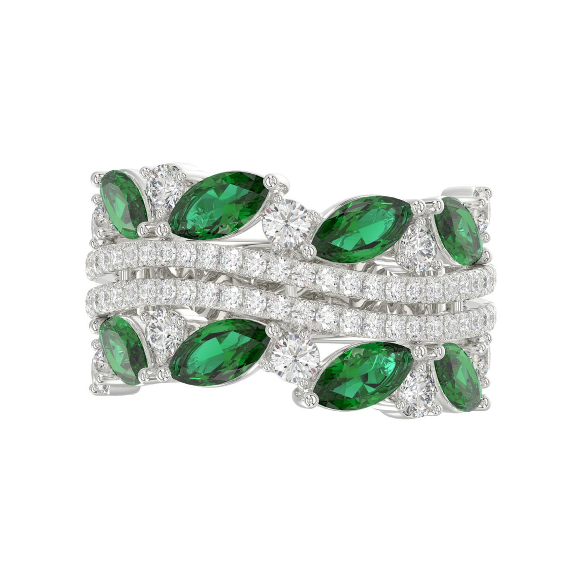 14K WHITE GOLD 2 3/8CT ROUND/MARQUISE DIAMOND LADIES RING (GREEN EMERALD MARQUISE DIAMOND 1 1/2CT)