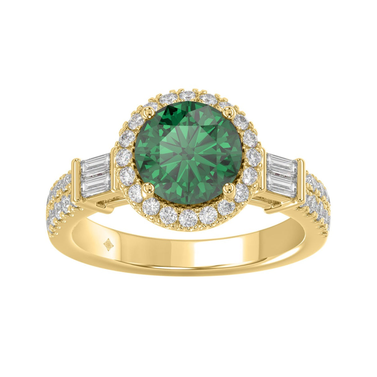 14K YELLOW GOLD 2 1/2CT ROUND/BAGUETTE DIAMOND LADIES RING (CENTER STONE GREEN EMERALD ROUND DIAMOND 2CT)