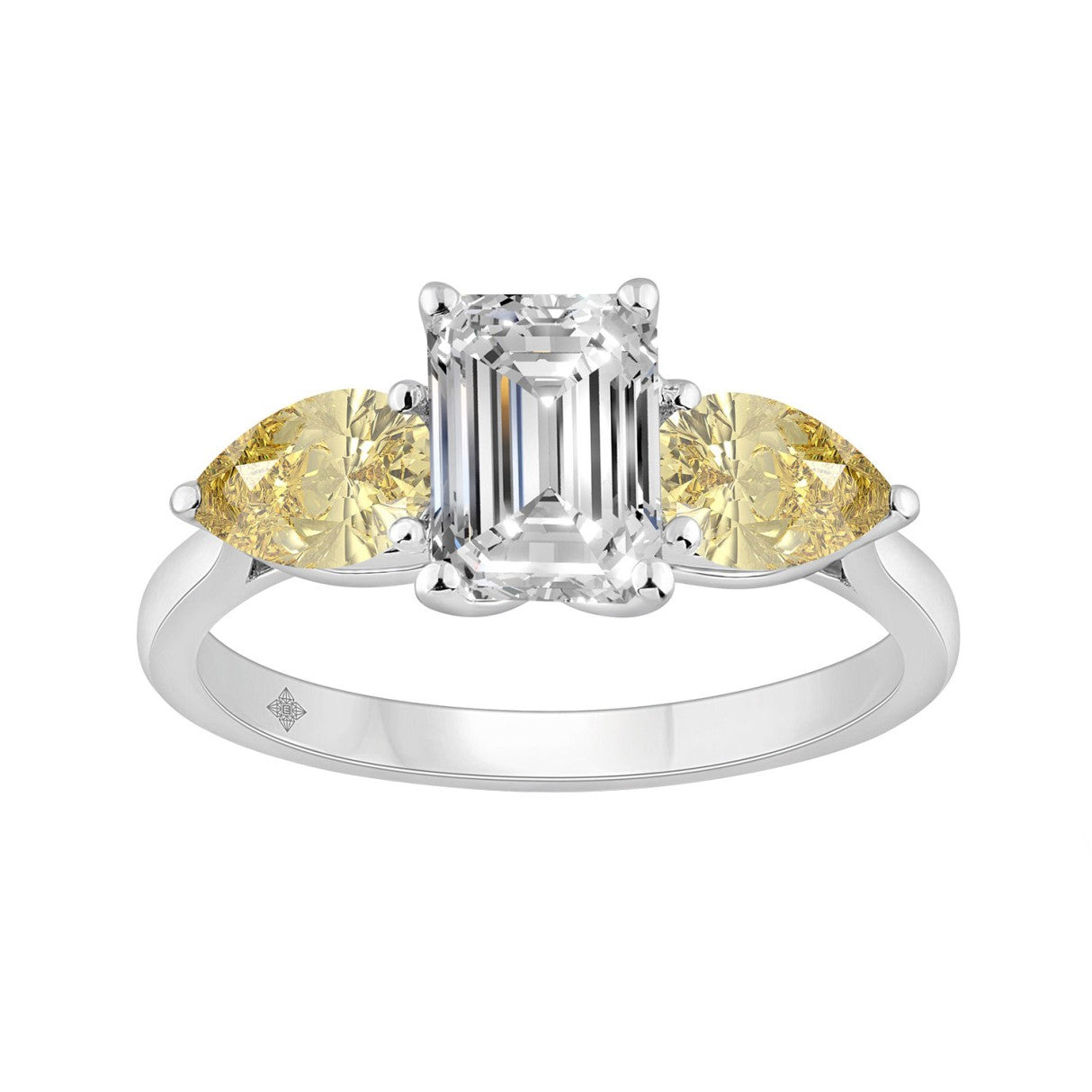 14K WHITE GOLD 2 1/2CT EMERALD/YELLOW PEAR DIAMOND LADIES RING (CENTER STONE EMERALD DIAMOND 1 1/2CT)