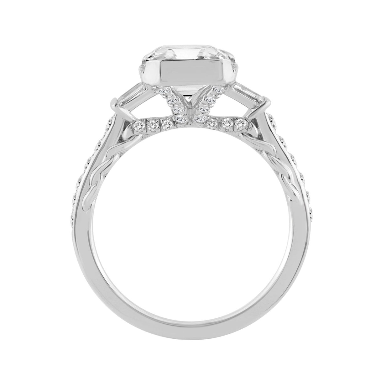 14K WHITE GOLD 3 1/2CT ROUND/EMERALD/BAGUETTE DIAMOND LADIES RING (CENTER STONE EMERALD DIAMOND 3.00CT)