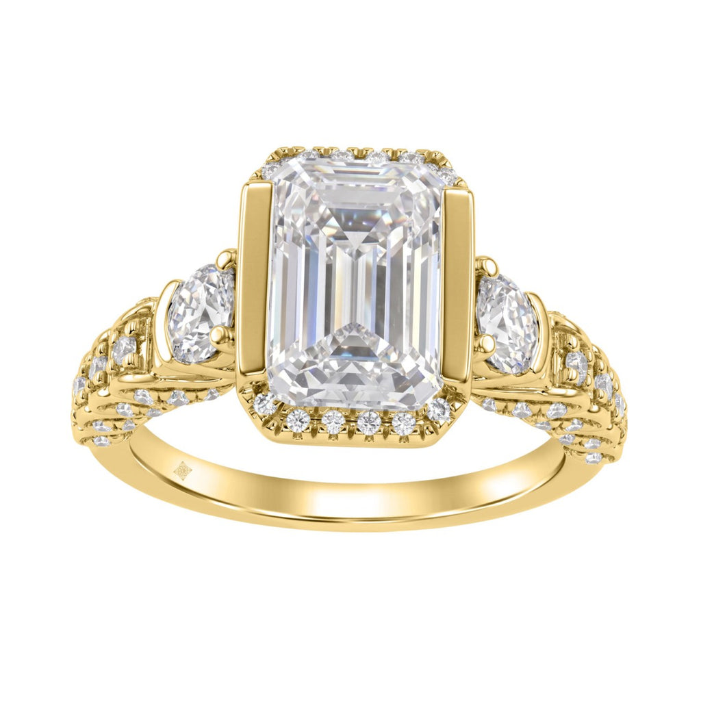14K Yellow Gold 4.00 Ct Round & Emerald Cut Diamond Engagement Ring For Women With Side Round Diamond 3.00Ct Emerald Center Stone (Color F-G -Clarity Vs1/Vs2)