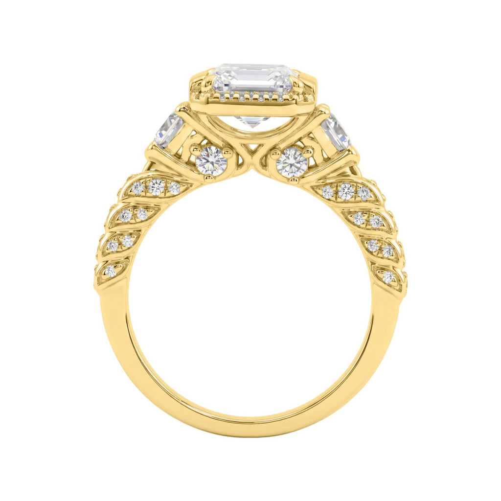 14K Yellow Gold 4.00 Ct Round & Emerald Cut Diamond Engagement Ring For Women With Side Round Diamond 3.00Ct Emerald Center Stone (Color F-G -Clarity Vs1/Vs2)