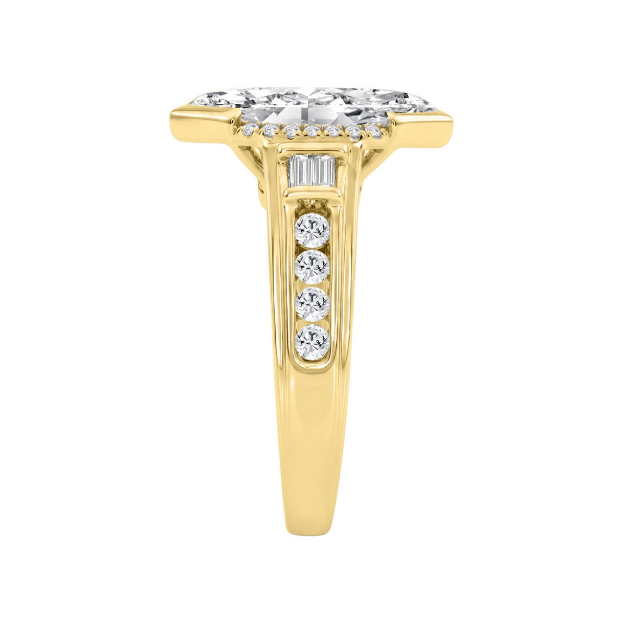 Elegant 14K Yellow Gold Diamond Engagement Ring Featuring 3 1/2Ct Round, Marquise & Baguette Diamonds With Sparkling Side Stones. Perfect For Weddings, Proposals & Anniversaries.3.00Ct Marquise Center Stone (Color F-G -Clarity Vs1/Vs2)