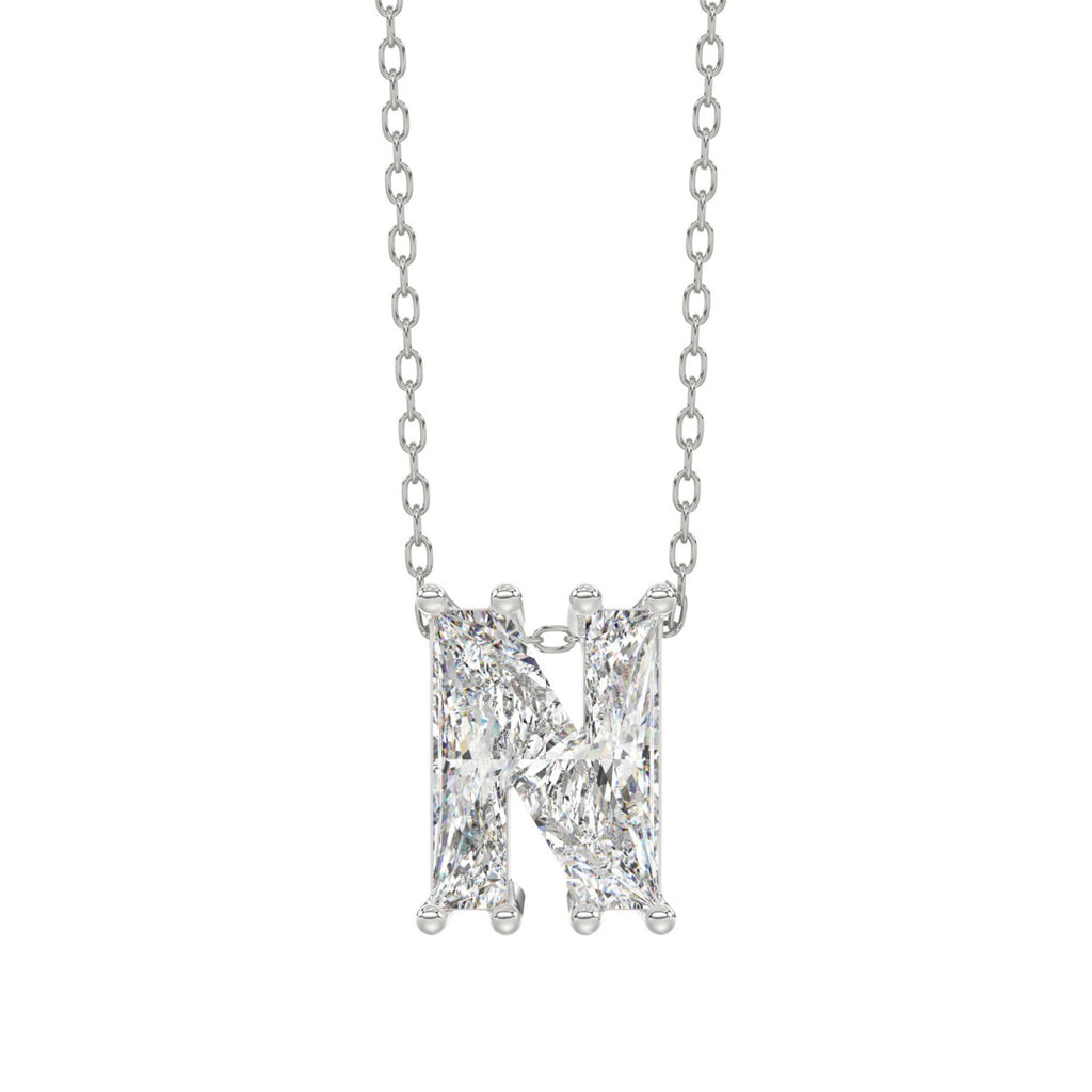 14K White Gold Diamond Initial “N” Pendant 1 1/2CT Fancy Cut Ladies Alphabet Charm with Chain
