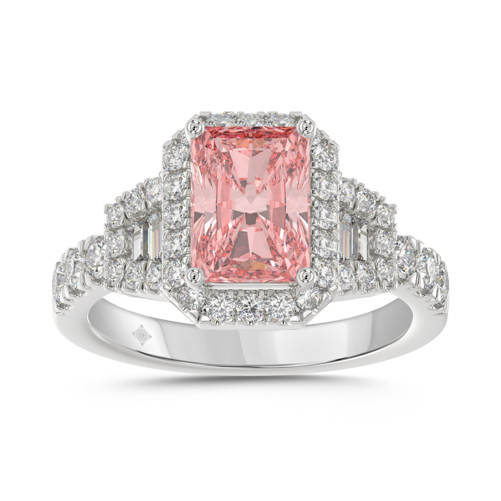 ETERNAL BLUSH COLLECTION 14K WHITE GOLD 2 3/4CT ROUND/BAGUETTE/RADIANT DIAMOND LADIES RING (CENTER STONE PINK RADIANT DIAMOND 2CT)