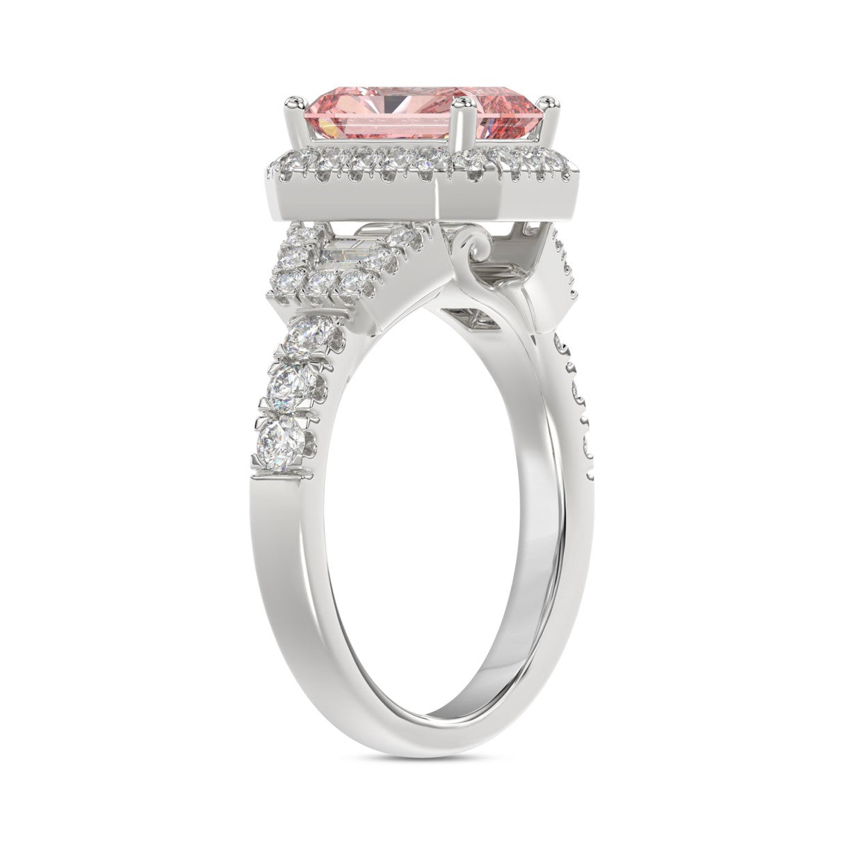 ETERNAL BLUSH COLLECTION 14K WHITE GOLD 2 3/4CT ROUND/BAGUETTE/RADIANT DIAMOND LADIES RING (CENTER STONE PINK RADIANT DIAMOND 2CT)