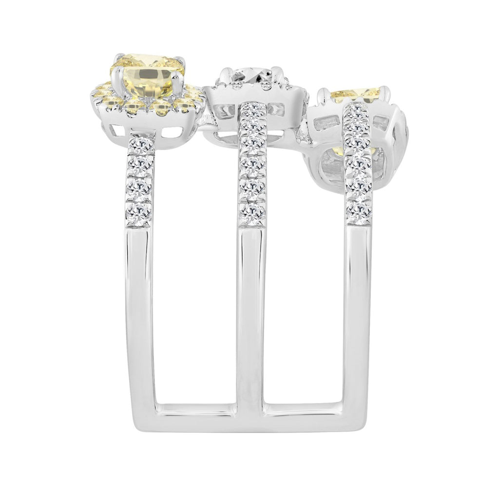 14K WHITE GOLD 2 1/2CT ROUND/YELLOW CUSHION DIAMOND LADIES RING 