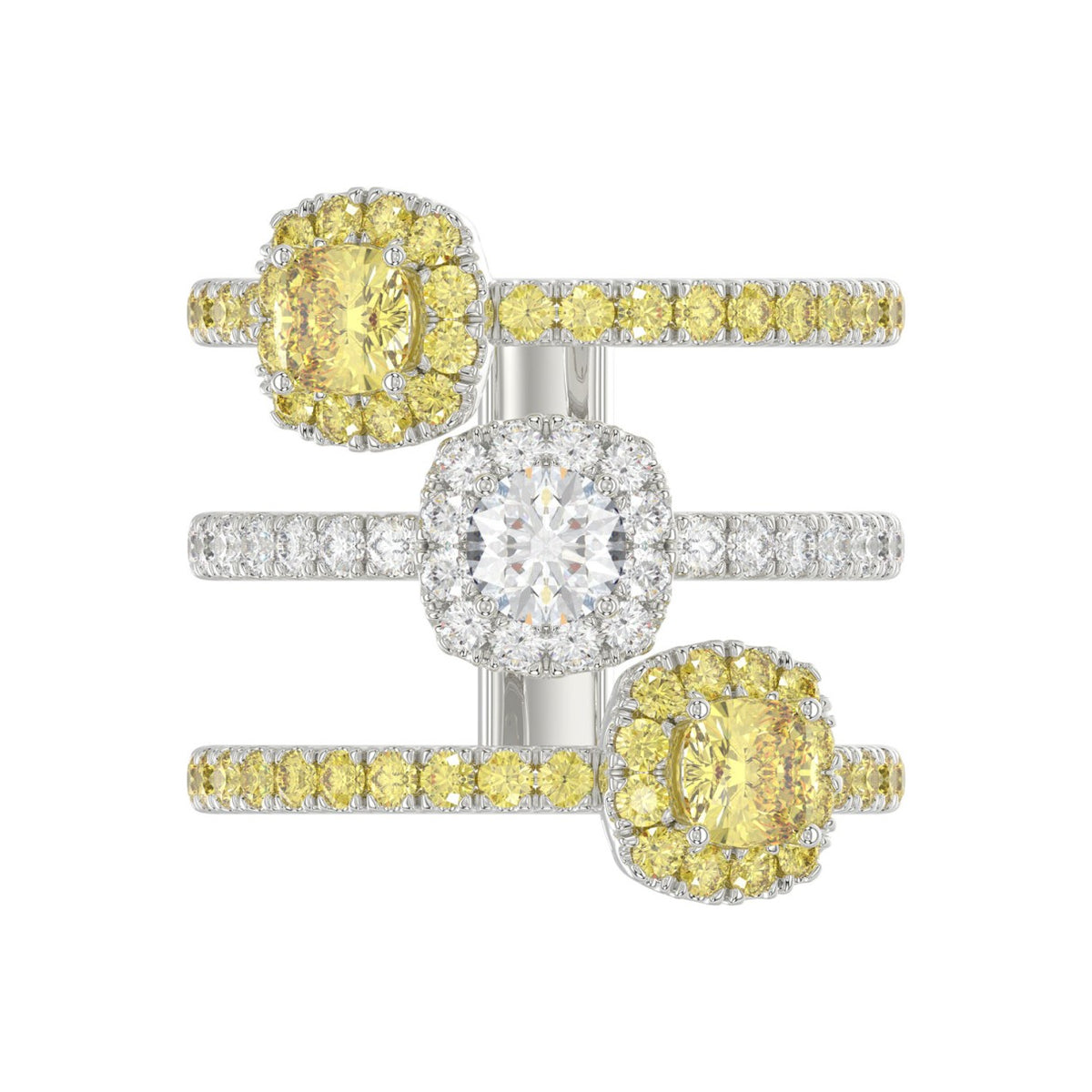 14K WHITE GOLD 2 1/2CT ROUND/YELLOW CUSHION DIAMOND LADIES RING 