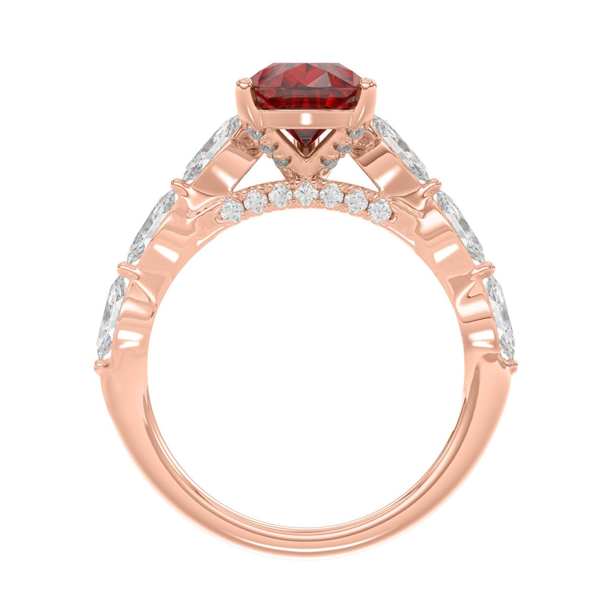 14K ROSE GOLD 3.00CT ROUND/RUBY PEAR/MARQUISE DIAMOND LADIES RING (CENTER STONE PEAR RUBY DIAMOND 2 1/4CT)