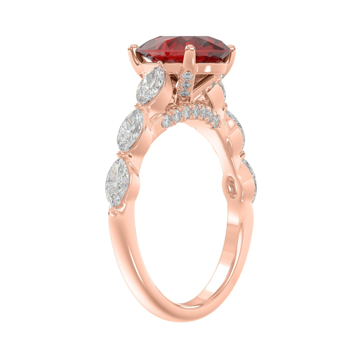 14K ROSE GOLD 3.00CT ROUND/RUBY PEAR/MARQUISE DIAMOND LADIES RING (CENTER STONE PEAR RUBY DIAMOND 2 1/4CT)