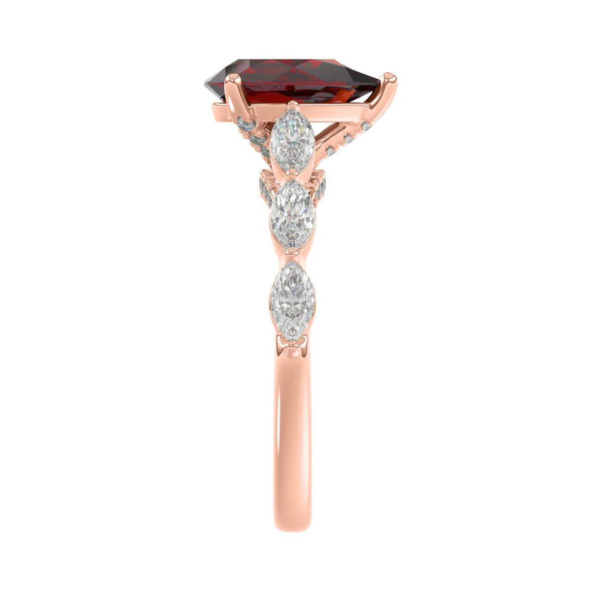 14K ROSE GOLD 3.00CT ROUND/RUBY PEAR/MARQUISE DIAMOND LADIES RING (CENTER STONE PEAR RUBY DIAMOND 2 1/4CT)