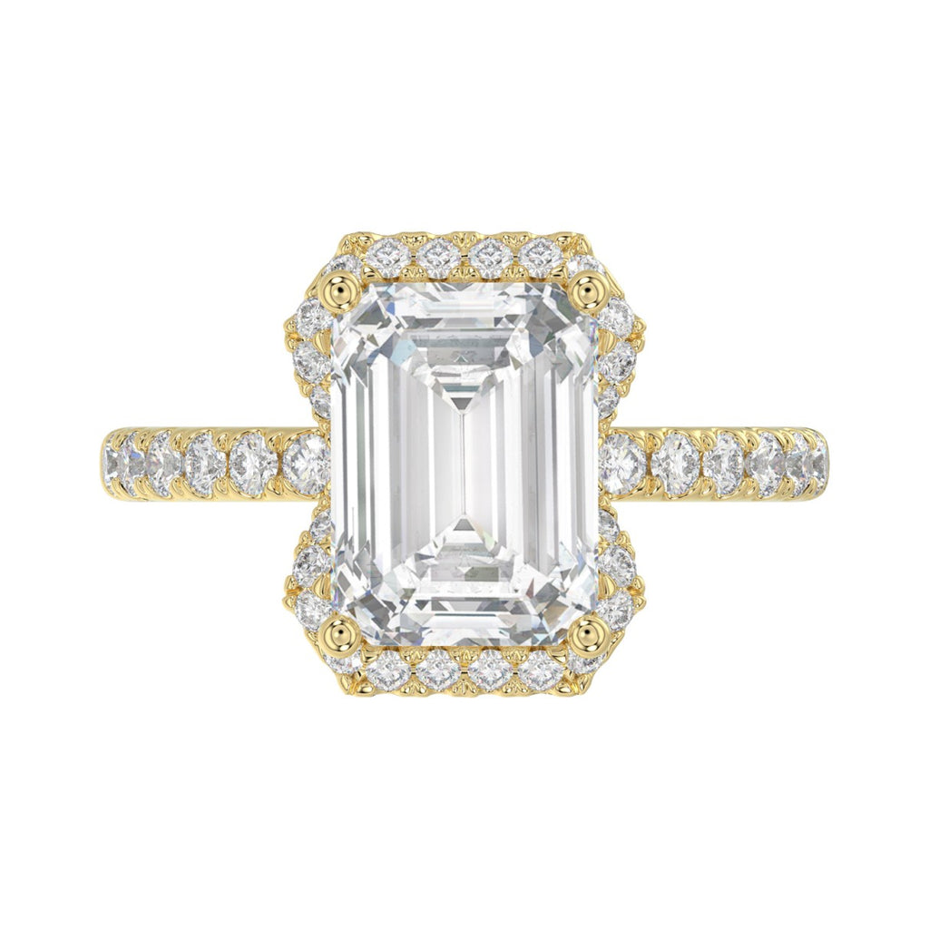 14K Yellow Gold 4 1/2CT ladies Round &amp; Emerald-cut diamond halo engagement Ring 4.00CT Emerald  Center stone (Color F-G -Clarity VS1/VS2)