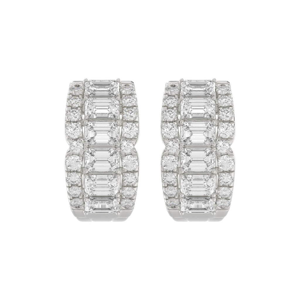 14K WHITE GOLD 1 3/4CT ROUND/EMERALD DIAMOND HOOP EARRINGS