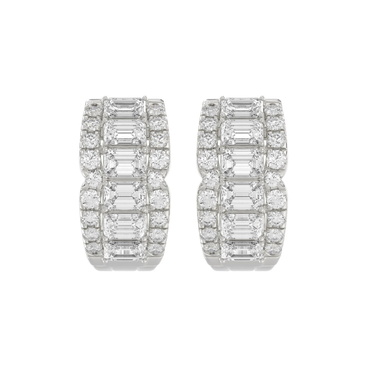 14K WHITE GOLD 1 3/4CT ROUND/EMERALD DIAMOND HOOP EARRINGS