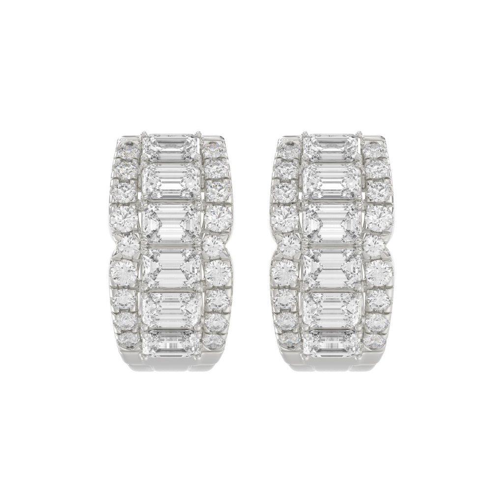 14K WHITE GOLD 1 3/4CT ROUND/EMERALD DIAMOND HOOP EARRINGS