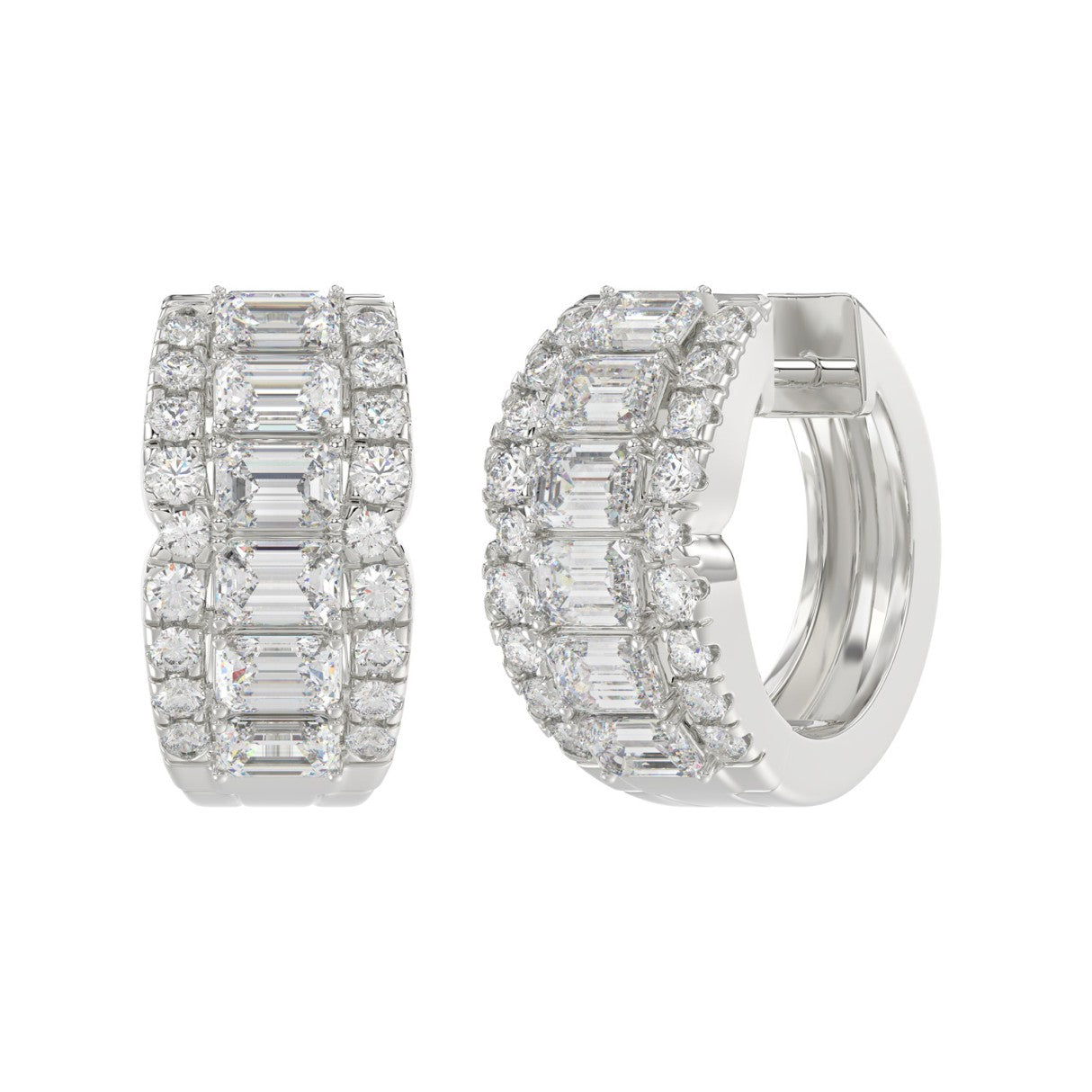 14K WHITE GOLD 1 3/4CT ROUND/EMERALD DIAMOND HOOP EARRINGS