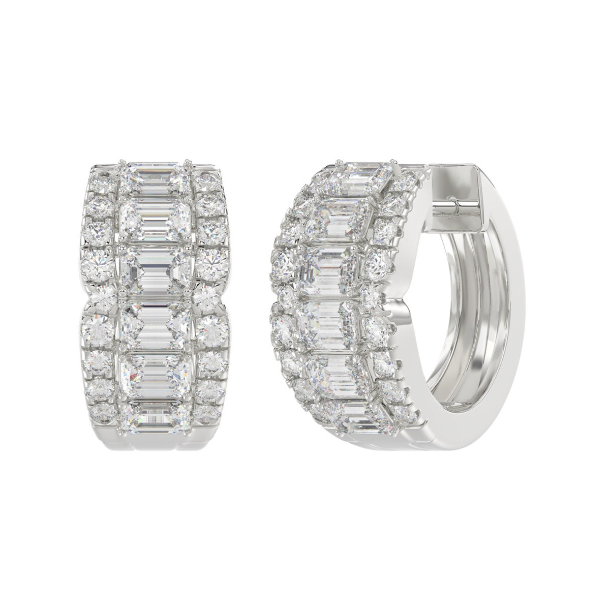 14K WHITE GOLD 1 3/4CT ROUND/EMERALD DIAMOND HOOP EARRINGS