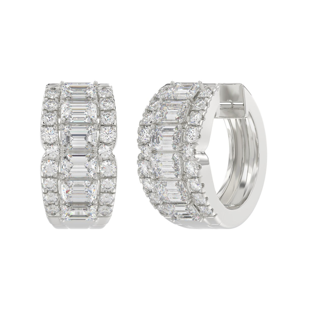 14K WHITE GOLD 1 3/4CT ROUND/EMERALD DIAMOND HOOP EARRINGS