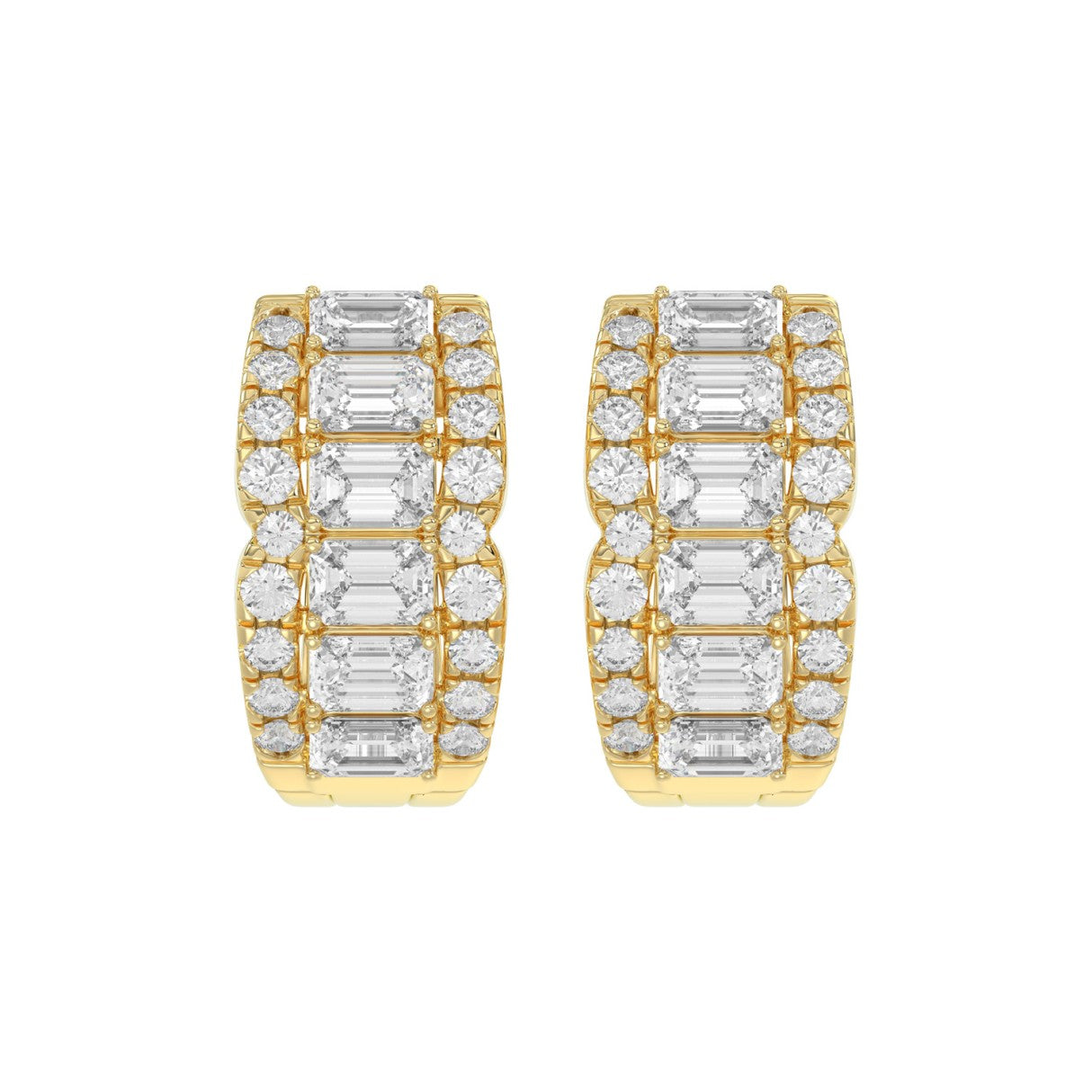 14K YELLOW GOLD 1 3/4CT ROUND/EMERALD DIAMOND HOOP EARRINGS