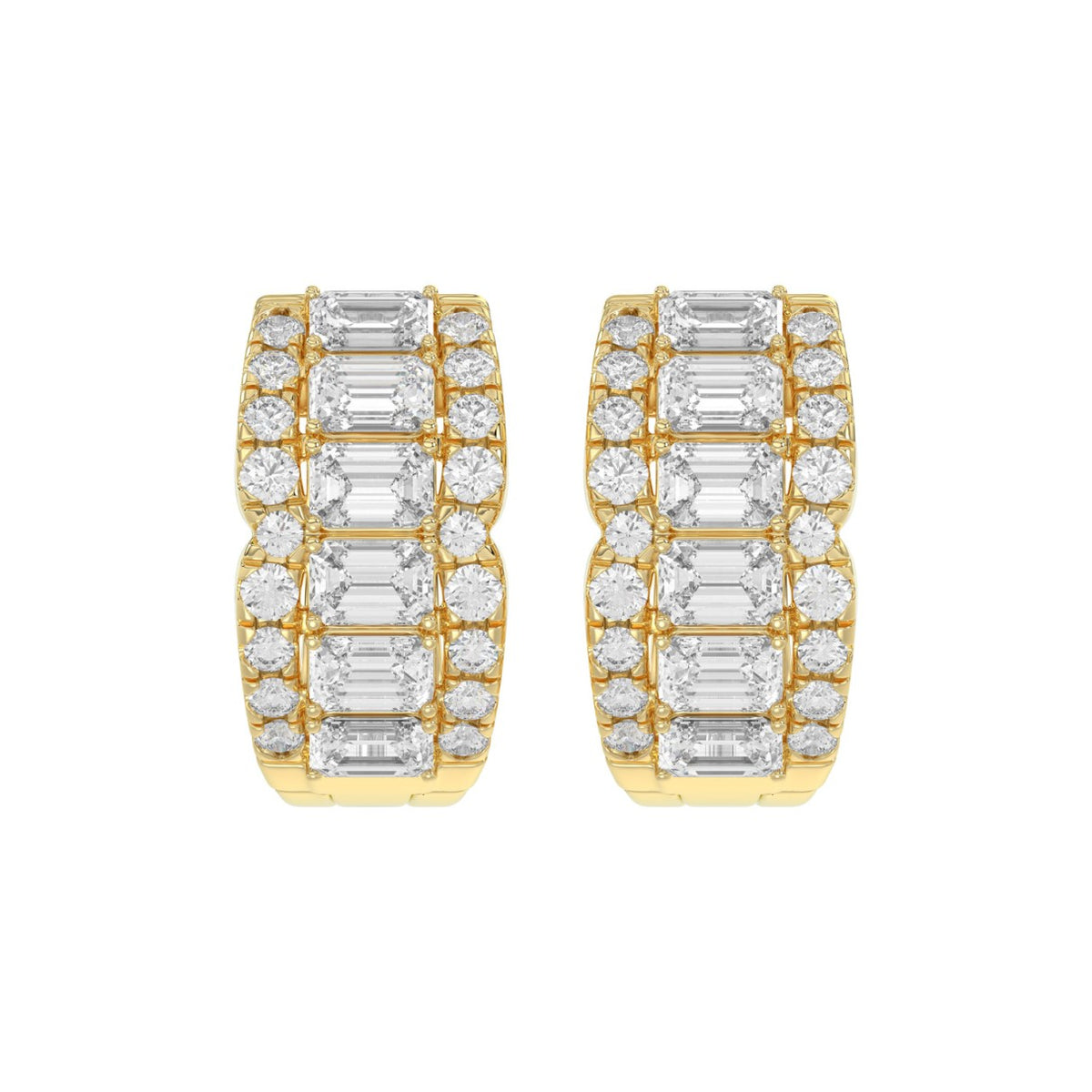 14K YELLOW GOLD 1 3/4CT ROUND/EMERALD DIAMOND HOOP EARRINGS
