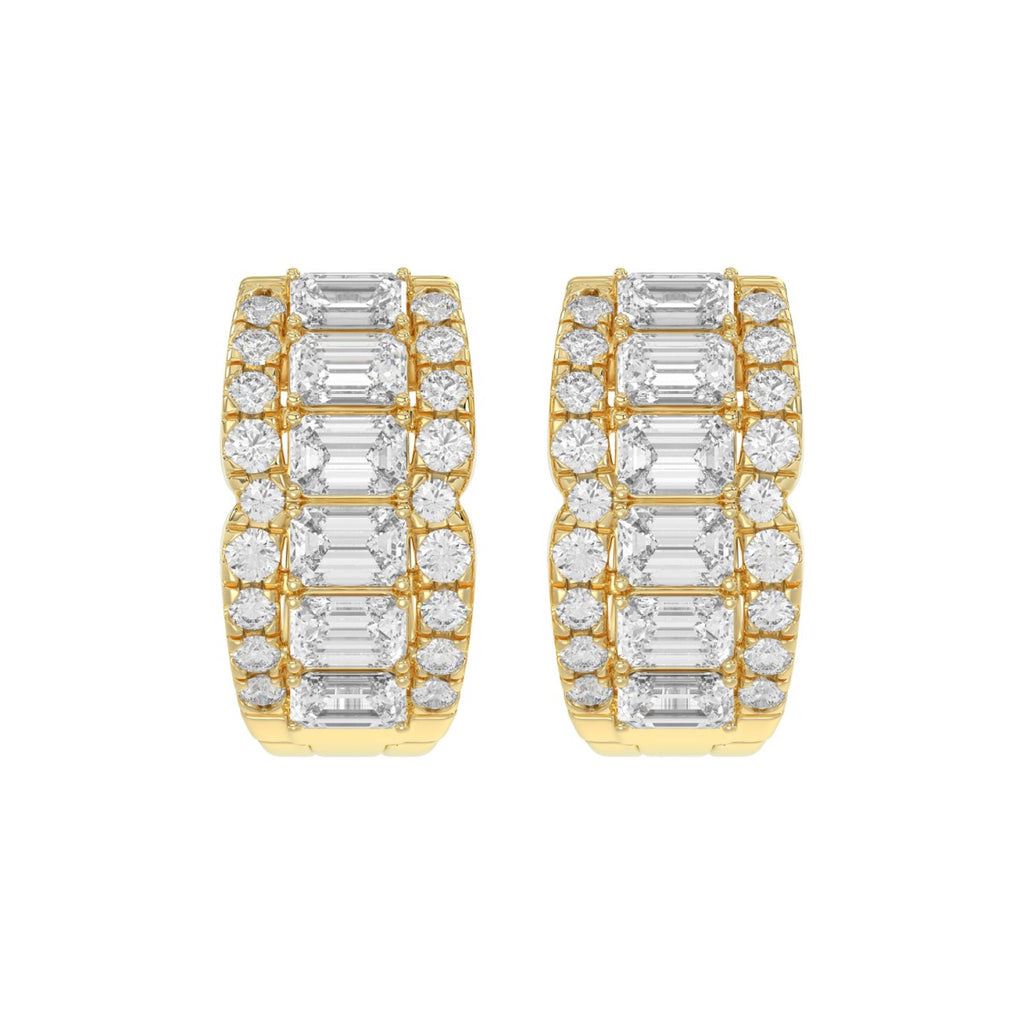 14K YELLOW GOLD 1 3/4CT ROUND/EMERALD DIAMOND HOOP EARRINGS