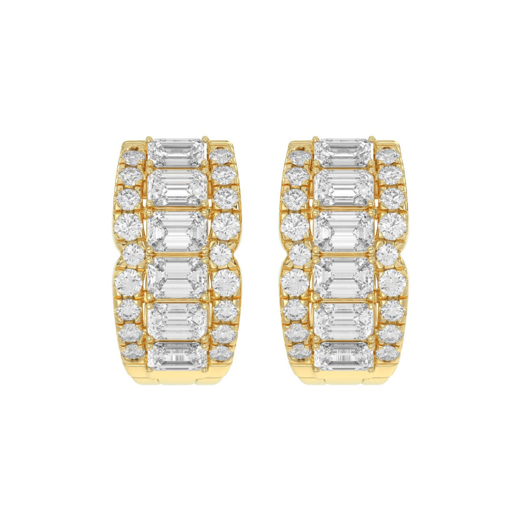 14K YELLOW GOLD 1 3/4CT ROUND/EMERALD DIAMOND HOOP EARRINGS