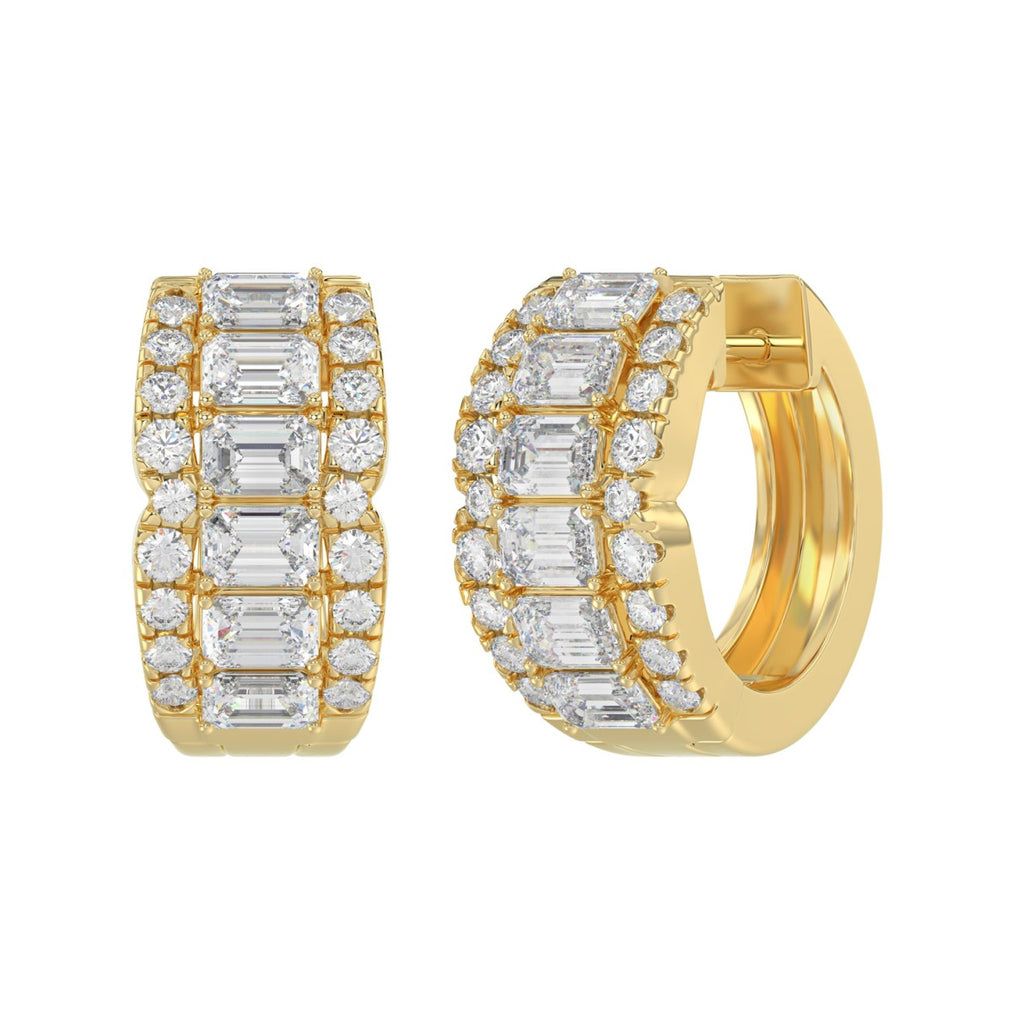 14K YELLOW GOLD 1 3/4CT ROUND/EMERALD DIAMOND HOOP EARRINGS