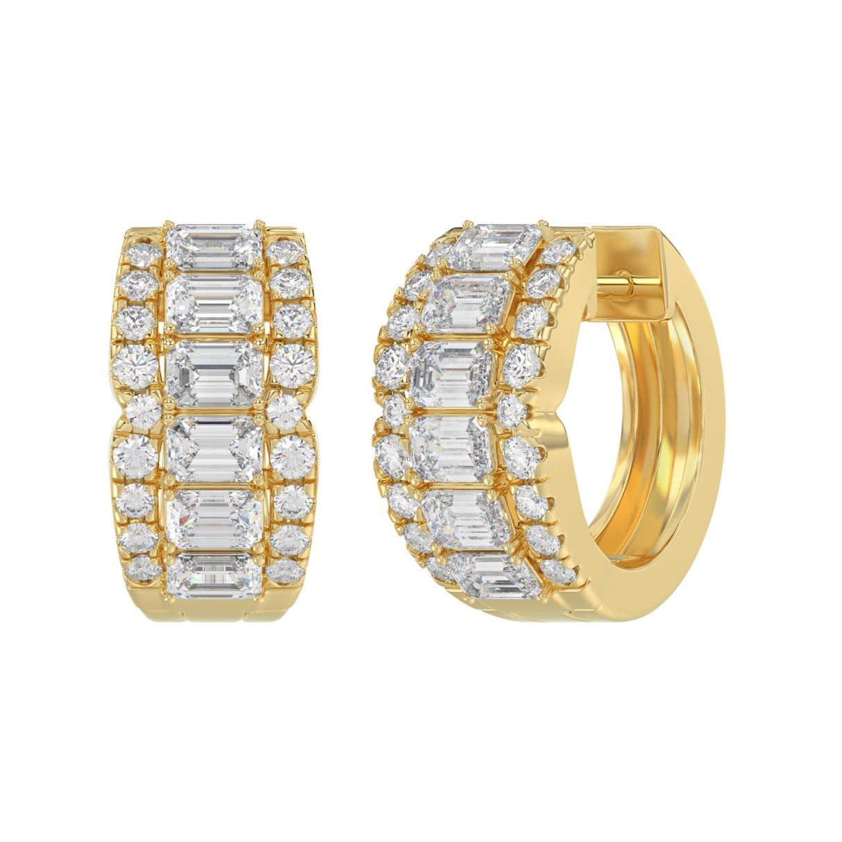 14K YELLOW GOLD 1 3/4CT ROUND/EMERALD DIAMOND HOOP EARRINGS