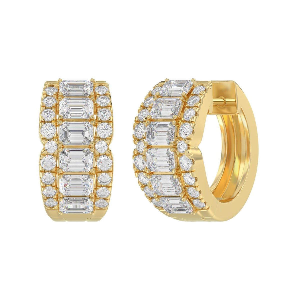 14K YELLOW GOLD 1 3/4CT ROUND/EMERALD DIAMOND HOOP EARRINGS