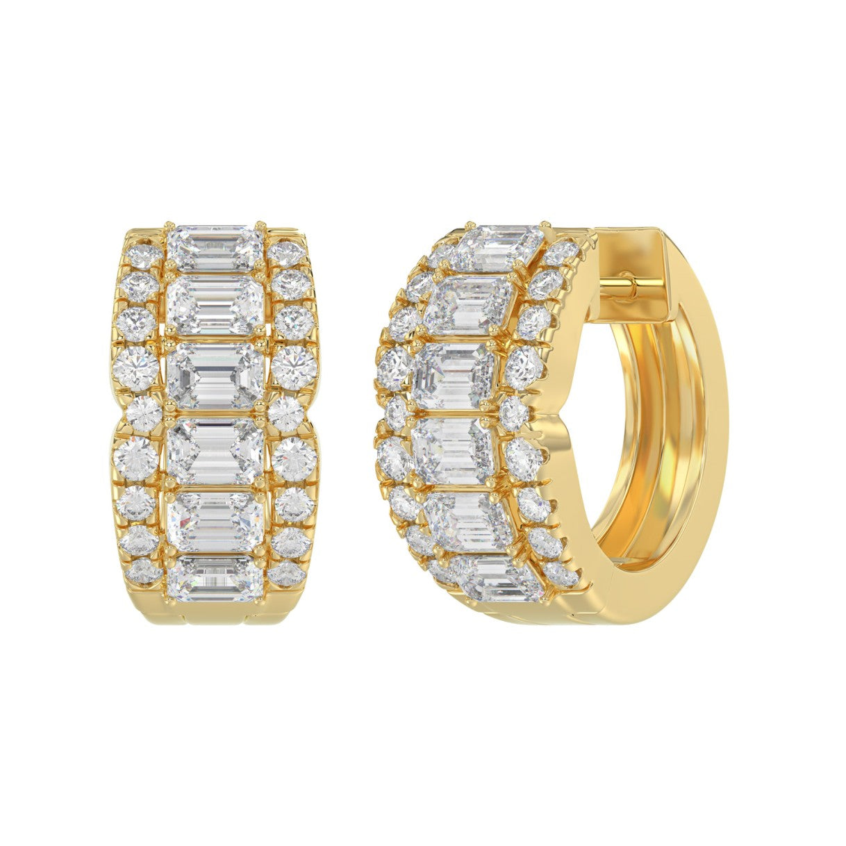 14K YELLOW GOLD 1 3/4CT ROUND/EMERALD DIAMOND HOOP EARRINGS