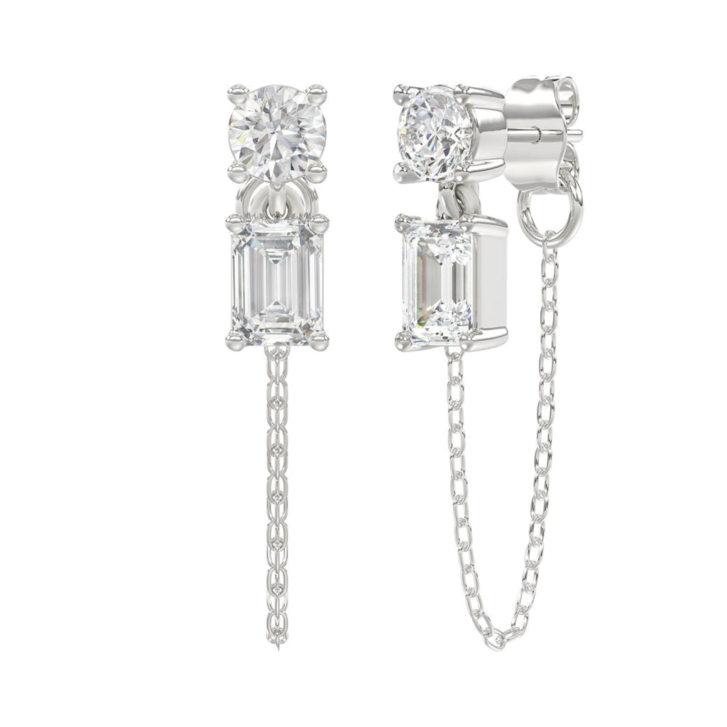 10K White Gold 3/4CT Emerald/Round cut Diamond Elegant Ladies Earring (Color F-G -Clarity VS1/VS2)
