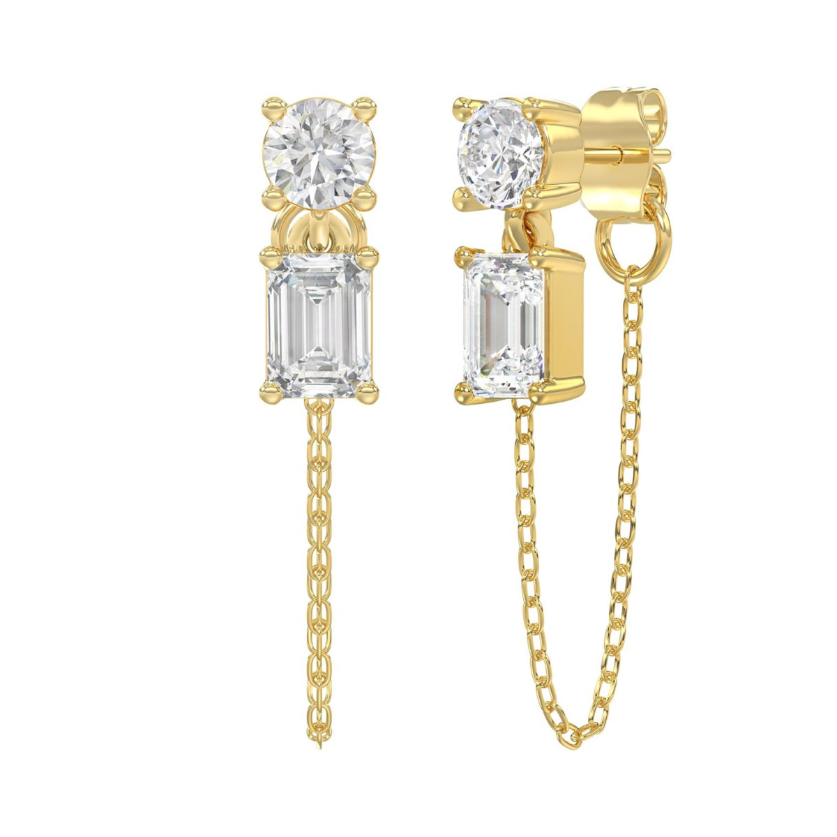10K Yellow Gold 3/4CT Emerald/Round cut Diamond Elegant Ladies Earring (Color F-G -Clarity VS1/VS2)