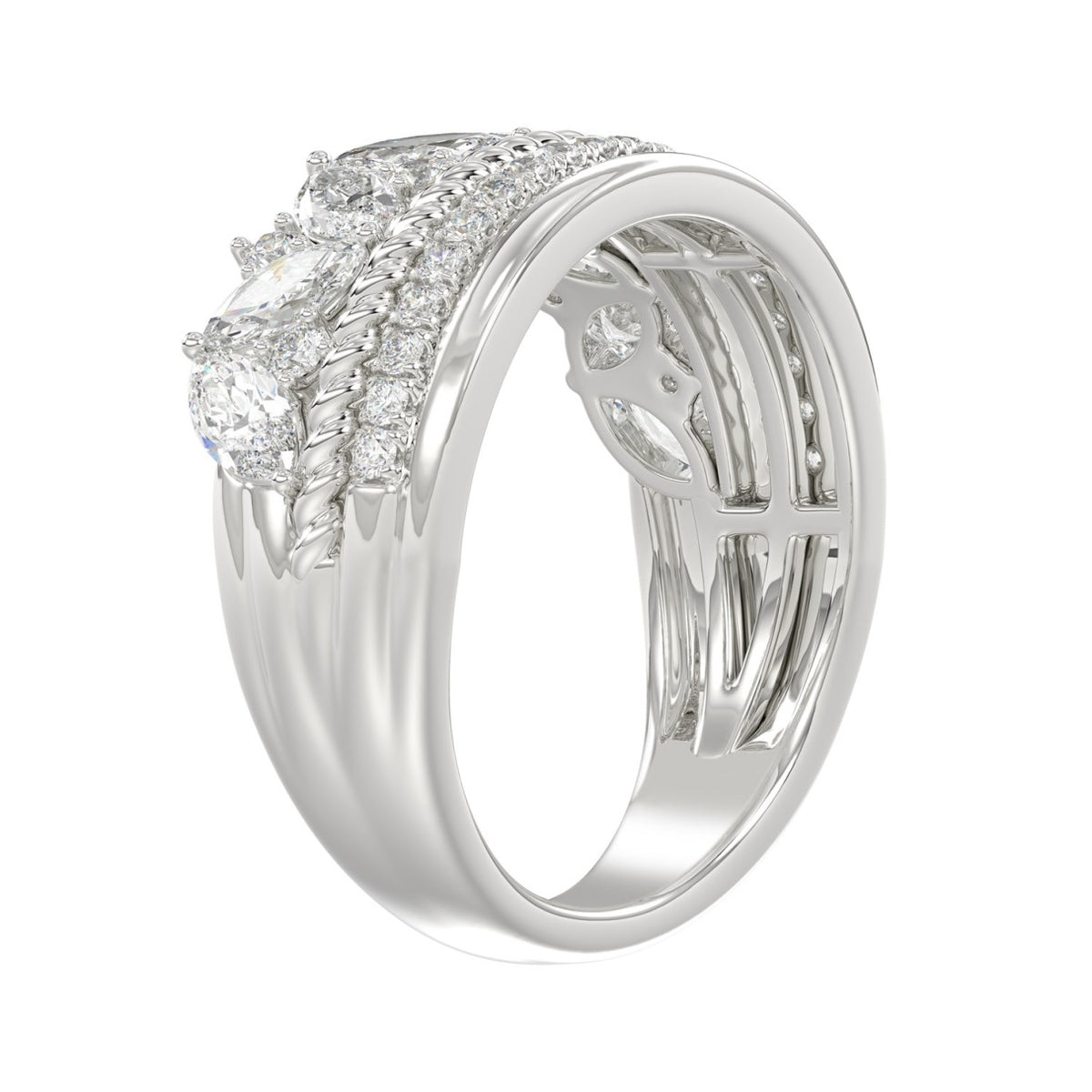 14K White Gold Ladies Fashion Ring with 1.00 CT Round & Marquise Diamonds