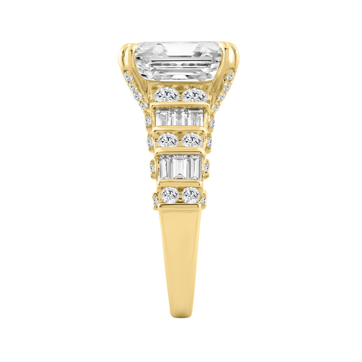 14K Yellow Gold Cushion Lab Grown Diamond Engagement Ring 5.00Ct With 4.00Ct Cushion Center Stone & Round/Baguette Side Stones (Color F-G Clarity Vs1/Vs2)