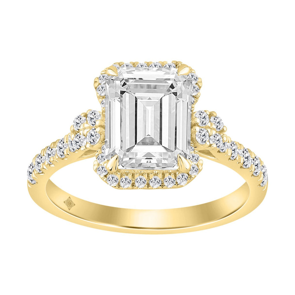 14K Yellow Gold 3 1/2Ct Emerald & Round Lab-Grown Diamond Halo Bridal Ring For Women Luxury Engagement Ring 3Ct Emerald Center Stone (Color F-G -Clarity Vs1/Vs2)