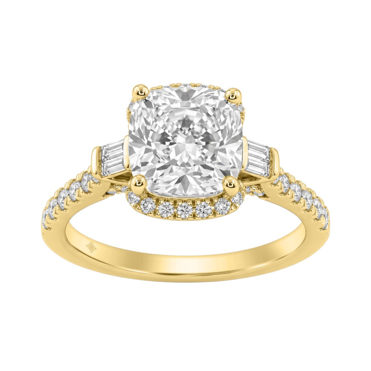 14K Yellow Gold 3 1/2Ct Cushion Cut & Baguette Lab Grown Diamond Halo Ring Round Side Stone Ladies Bridal Engagement Ring 3Ct Cushion Center Stone (Color F-G -Clarity Vs1/Vs2)
