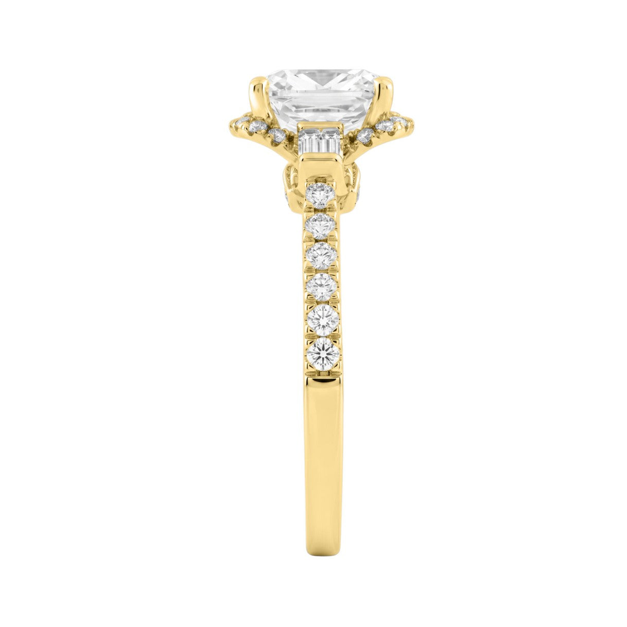 14K Yellow Gold 3 1/2Ct Cushion Cut & Baguette Lab Grown Diamond Halo Ring Round Side Stone Ladies Bridal Engagement Ring 3Ct Cushion Center Stone (Color F-G -Clarity Vs1/Vs2)